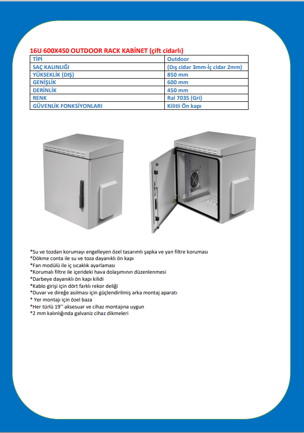 12U 600X450 OUTDOOR KABİNET (ÇİFT CİDARLI)-DATASHEET